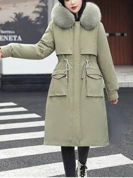 Ženske Zimske Parkas Prešite Suknjič Suknji Hooded Krzno Ovratnik Slim Bombaž Oblačila, Elegantno Toplem Pasu Žepi Korejski Moda Plašč